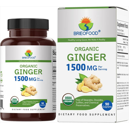 Brieofood Organic Ginger 1500 Milligrams supplement bottle front view for premium digestive support