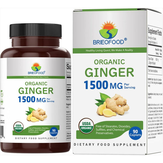 Brieofood Organic Ginger 1500 Milligrams supplement bottle front view for premium digestive support