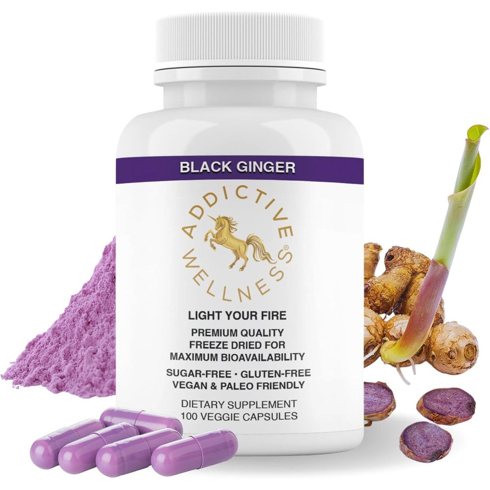 Addictive Wellness Black Ginger Energy Support 100 vegetarian capsules front bottle view