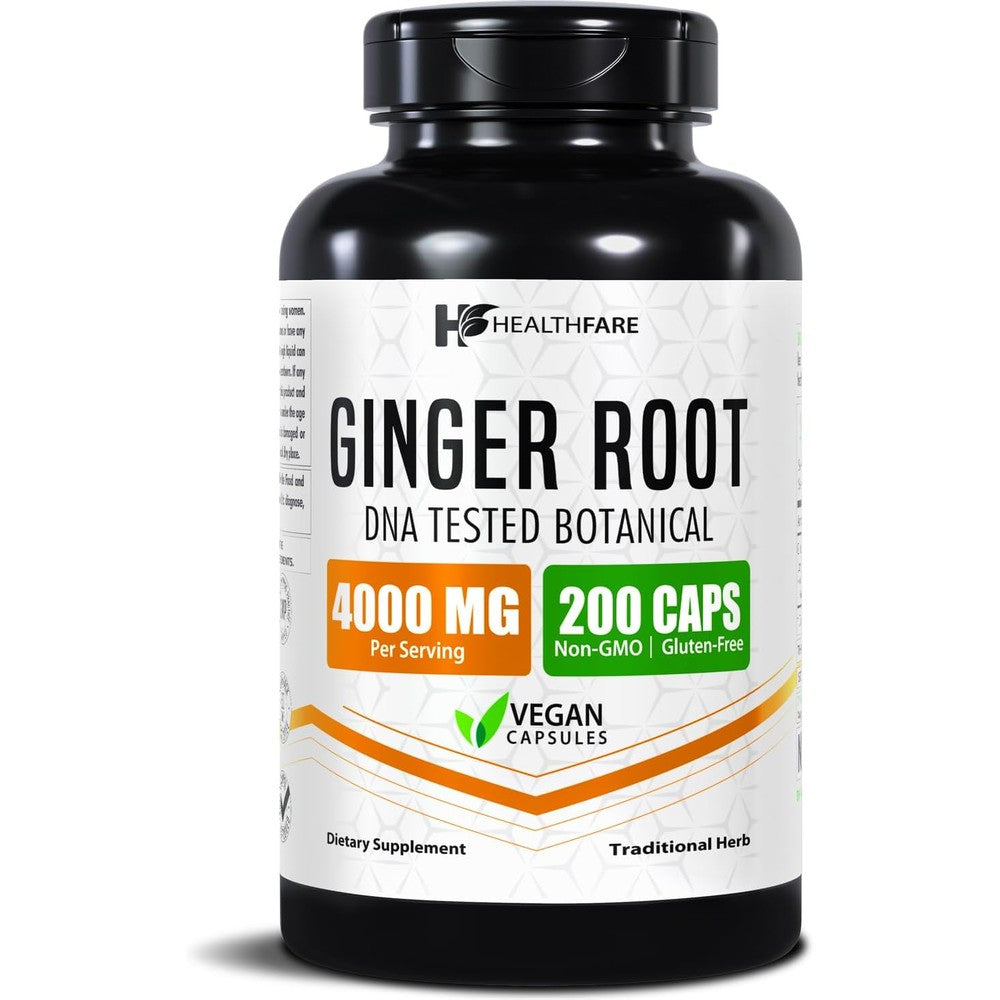 HealthFare Ginger Root Extract 4000mg bottle front view showing 200 vegan capsules for digestive support.