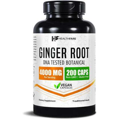 HealthFare Ginger Root Extract 4000mg bottle front view showing 200 vegan capsules for digestive support.
