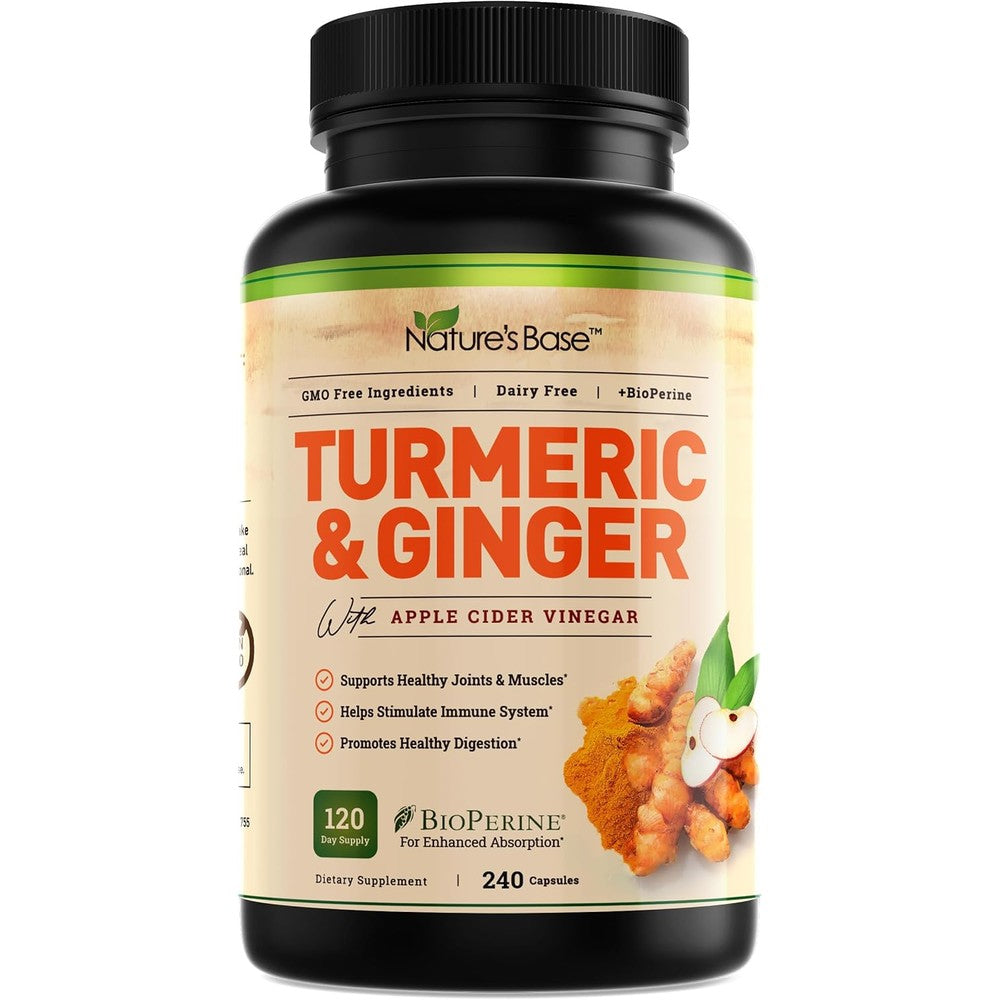 Nature's Base Turmeric and Ginger Supplement 240 Capsules front bottle view for joint support wellness