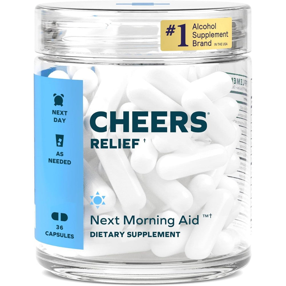 Cheers Relief Next Morning Aid capsules front bottle view for morning recovery