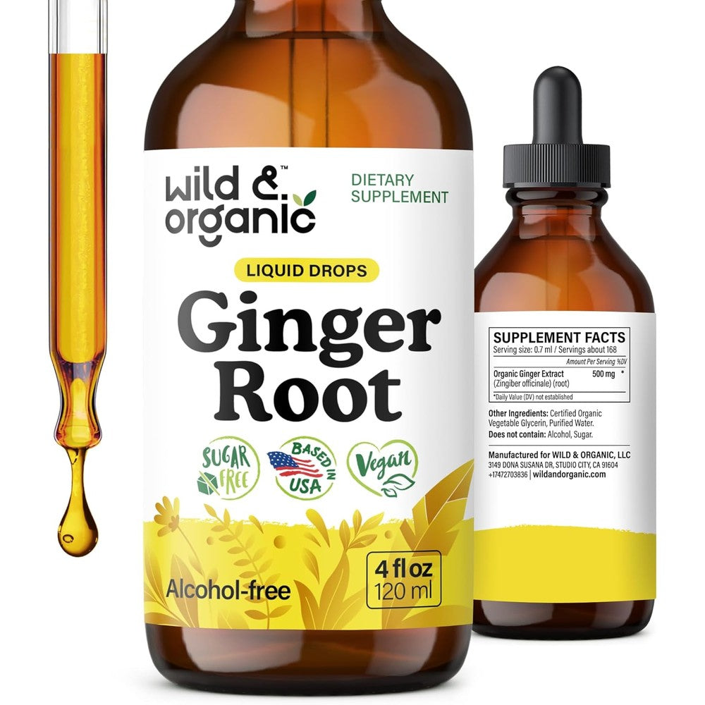 Wild And Organic Ginger Root Extract Drops front view bottle for digestive health support