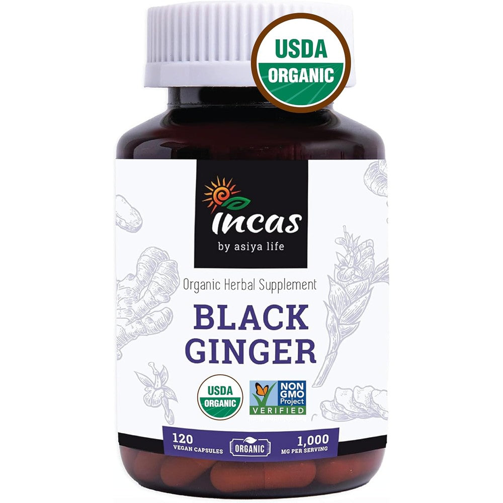 Incas by Asiya Life organic Thai black ginger capsules front view for men wellness