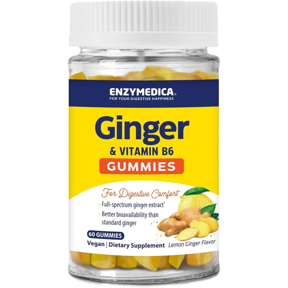 Enzymedica Ginger and Vitamin B6 Gummies 60 Count front view bottle for natural nausea relief.
