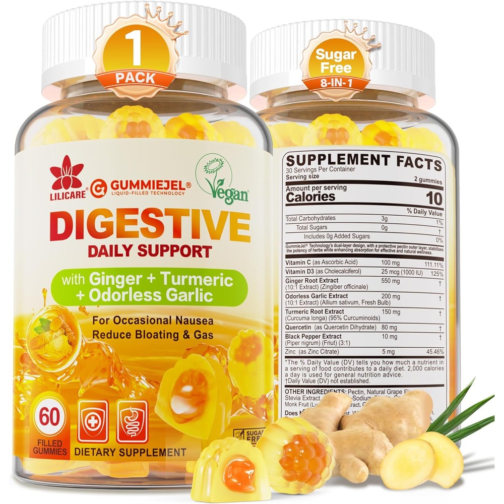 LILICARE Ginger Chews Gummies front bottle view for vegan digestive support.