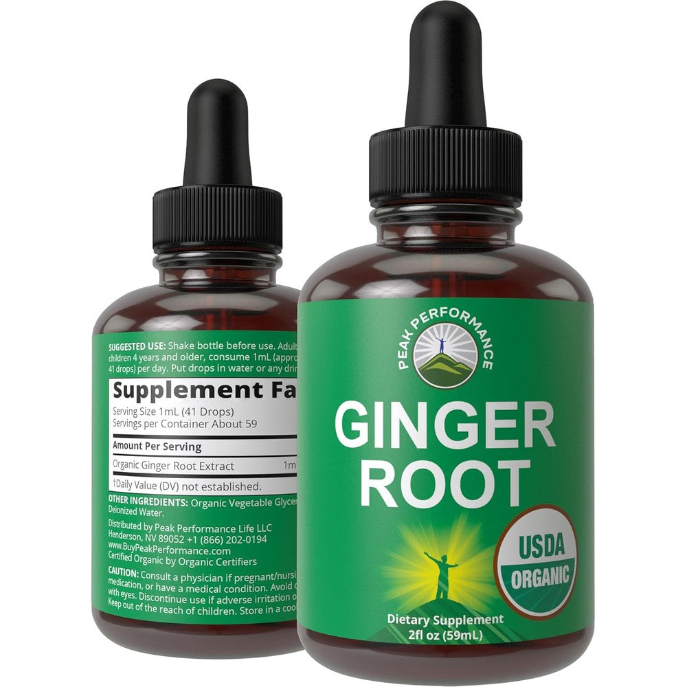 Peak Performance USDA Organic Ginger Root Extract Drops front view bottle for digestive wellness