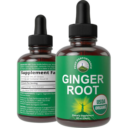 Peak Performance USDA Organic Ginger Root Extract Drops front view bottle for digestive wellness