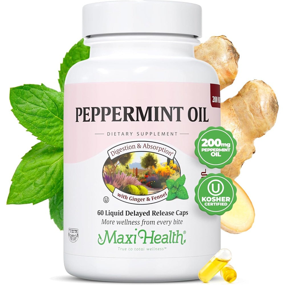 Maxi Health Peppermint Oil and Organic Ginger Oil 60 capsules front view bottle for digestive health support.