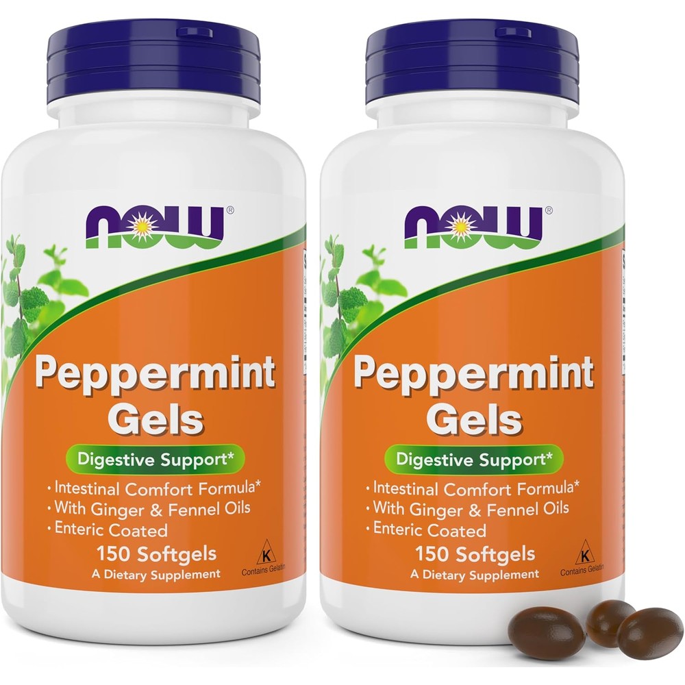 NOW Foods Peppermint Gels front bottle view showing enteric coated softgels for digestive comfort