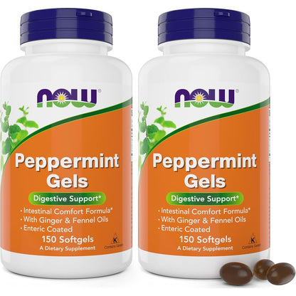 NOW Foods Peppermint Gels front bottle view showing enteric coated softgels for digestive comfort