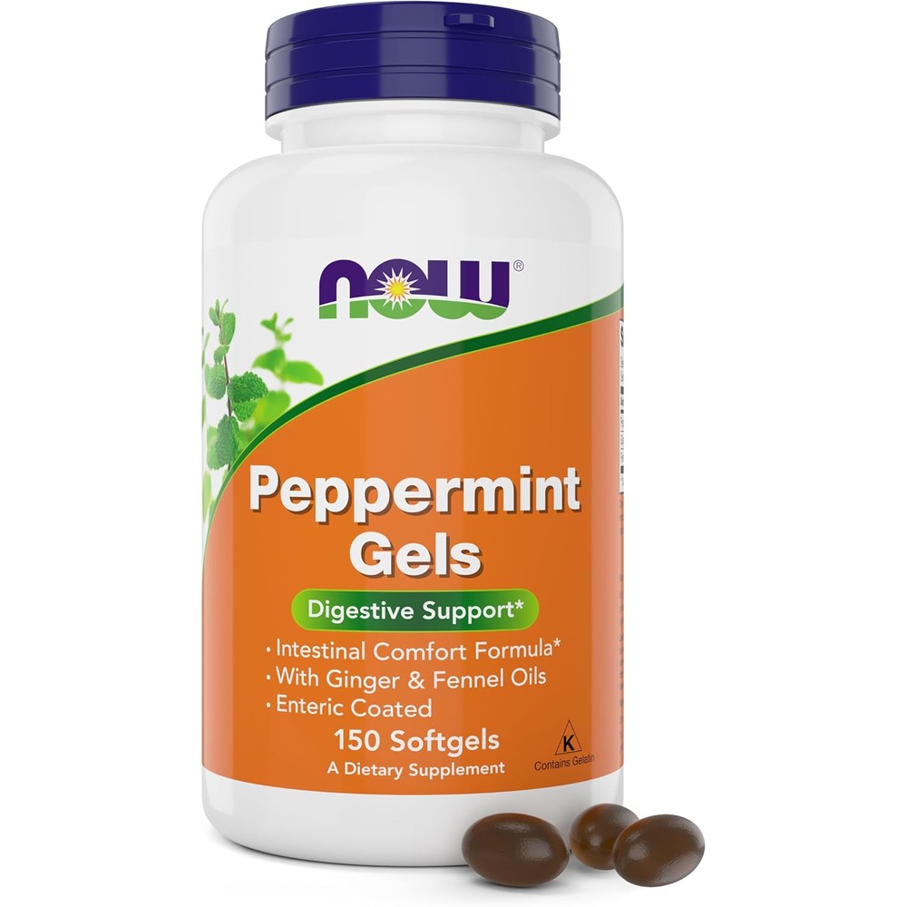 NOW Foods Peppermint Gels 150 Softgels bottle front view for bloating relief