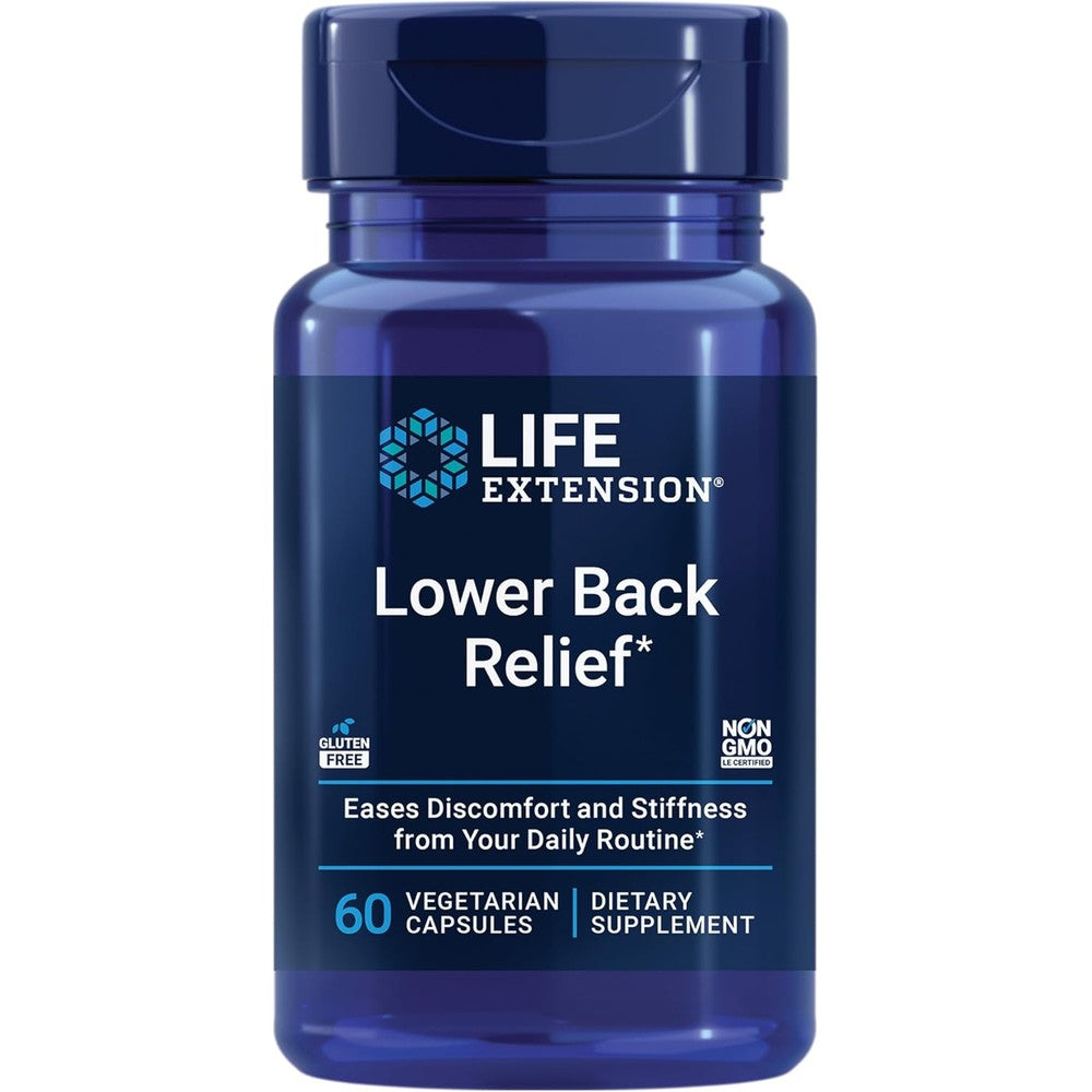 Life Extension Lower Back Relief 60 vegetarian capsules front bottle view for muscle flexibility support