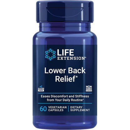 Life Extension Lower Back Relief 60 vegetarian capsules front bottle view for muscle flexibility support