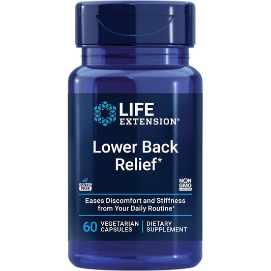 Life Extension Lower Back Relief 60 vegetarian capsules front bottle view for muscle flexibility support
