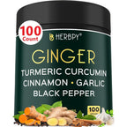 Herbpy 5in1 Ginger and Turmeric Supplement 100 capsules front view showing bottle label with ingredients