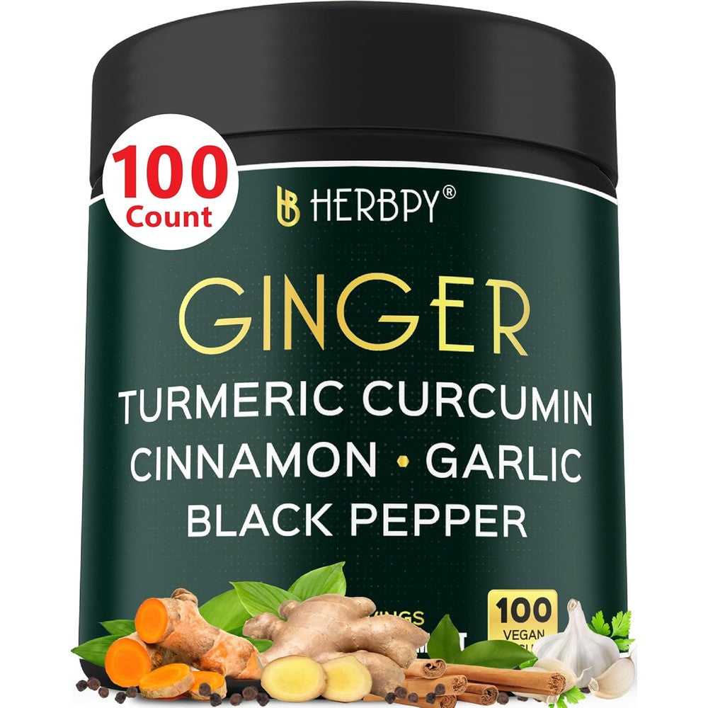 Herbpy 5in1 Ginger and Turmeric Supplement 100 capsules front view showing bottle label with ingredients