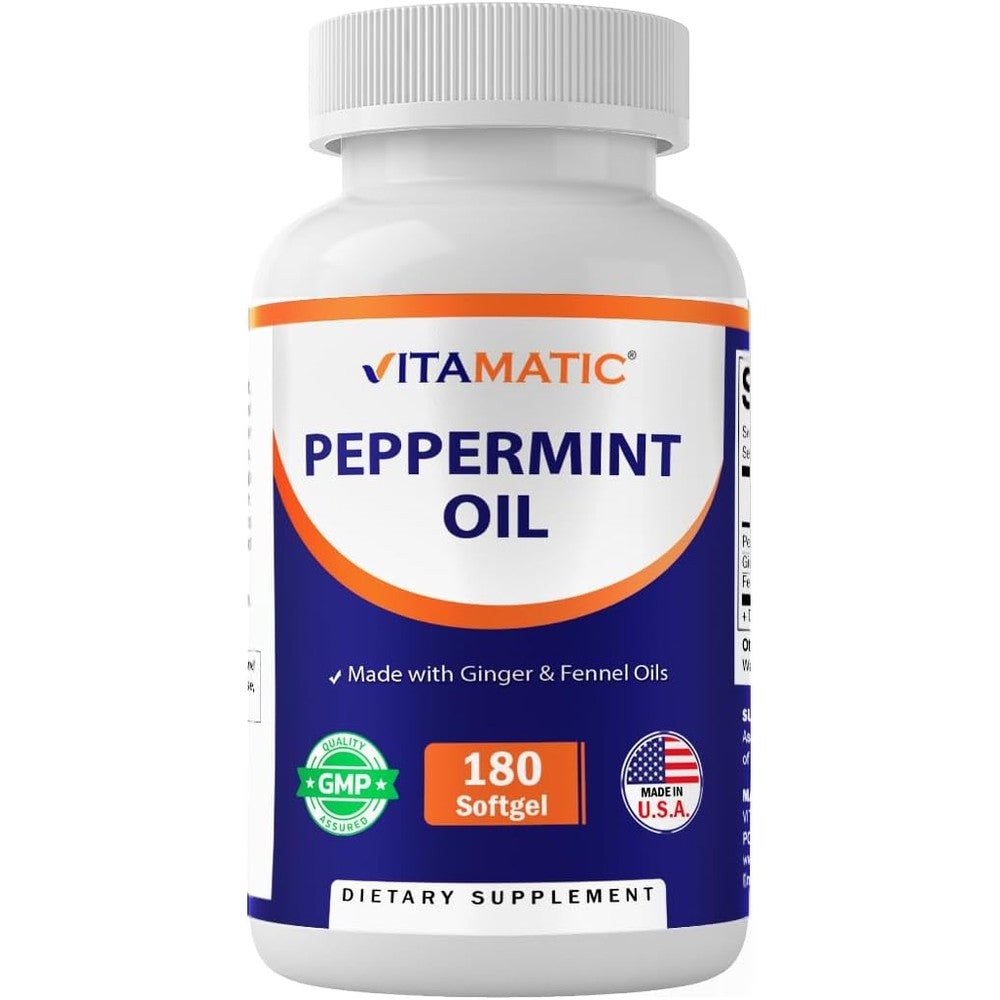Vitamatic Peppermint Oil Gel front bottle view showing 180 softgels for digestive support
