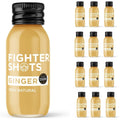 Fighter Shots Ginger Immunity and Energy bottle front view showcasing raw ginger ingredients.