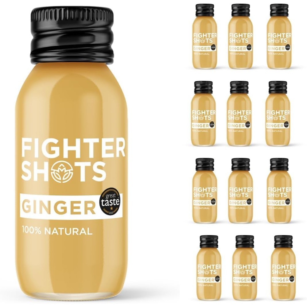 Fighter Shots Ginger Immunity and Energy bottle front view showcasing raw ginger ingredients.