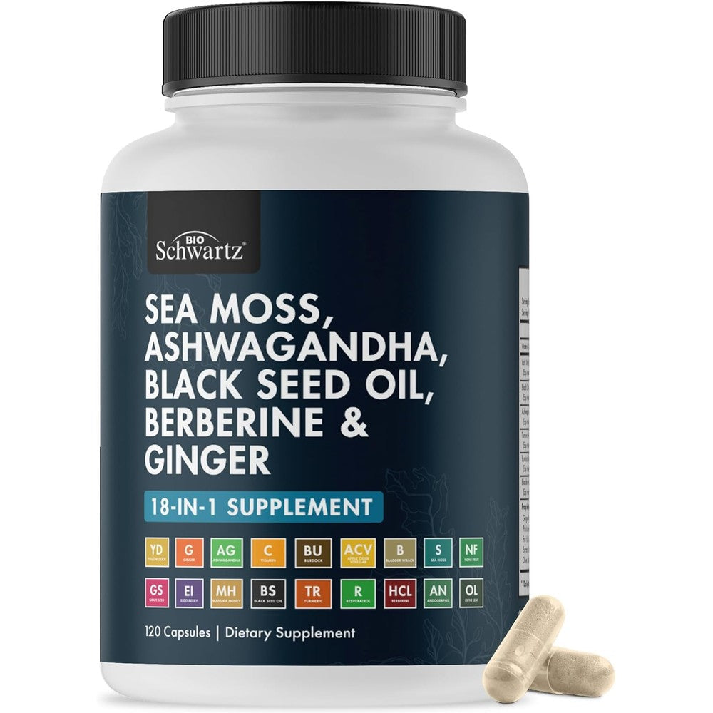 BioSchwartz Sea Moss Ashwagandha Black Seed Oil 120 capsules front bottle view