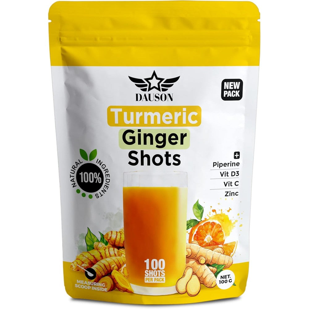 Dauson Turmeric Ginger Powder Shot container front view showcasing the immune and joint support formula.