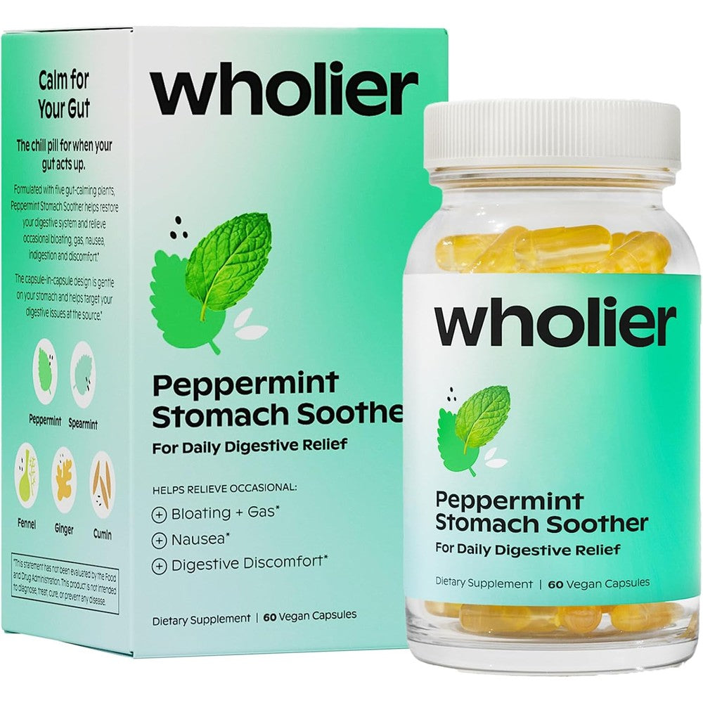 Wholier Peppermint Stomach Soother 60 capsules bottle front view for bloating relief