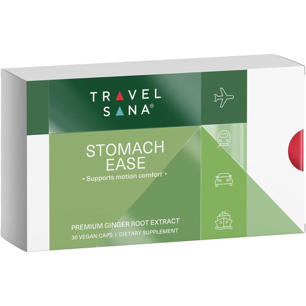 TRAVELSANA organic ginger supplement front view showing 30 vegan capsules box.