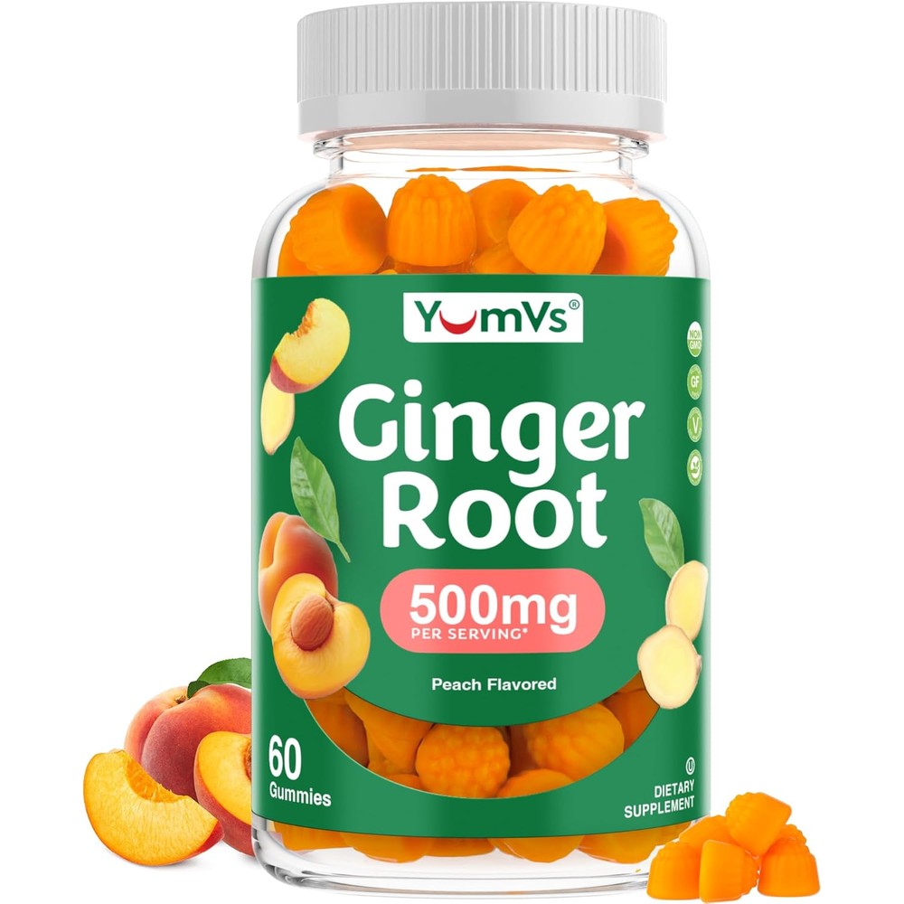 NaturesPlus Yum-V's Ginger Root Extract Peach Flavor sixty gummies front bottle view for natural digestive support.
