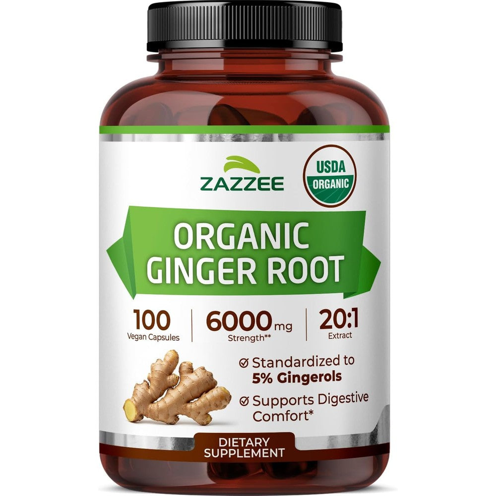 Zazzee organic ginger root extract front bottle view showcasing premium digestive support capsules.