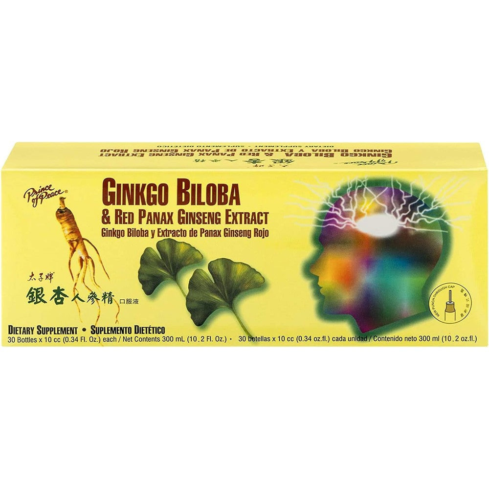 Prince of Peace Ginkgo Biloba and Red Panax Ginseng Extract 30 liquid vials box front view showing dietary supplement packaging.