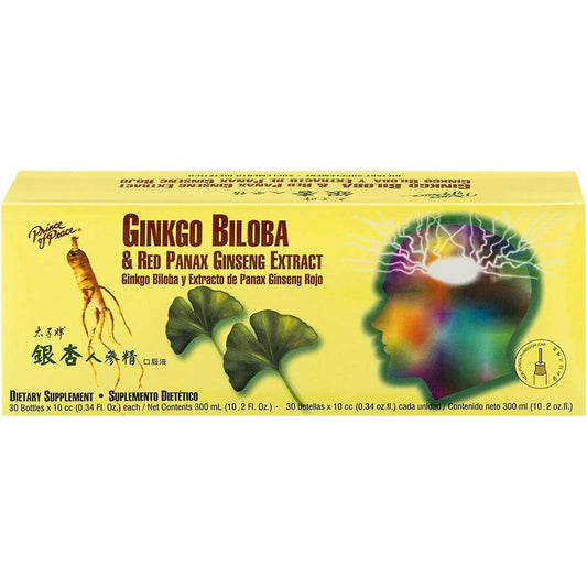 Prince of Peace Ginkgo Biloba and Red Panax Ginseng Extract 30 liquid vials box front view showing dietary supplement packaging.