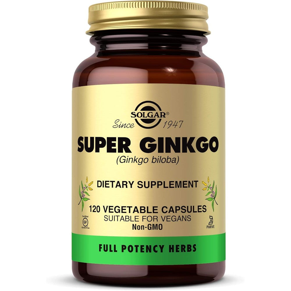 Solgar Super Ginkgo Full Potency 120 Vegetable Capsules front view bottle for brain health support.