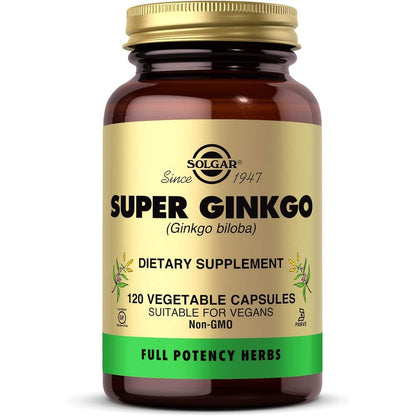 Solgar Super Ginkgo Full Potency 120 Vegetable Capsules front view bottle for brain health support.