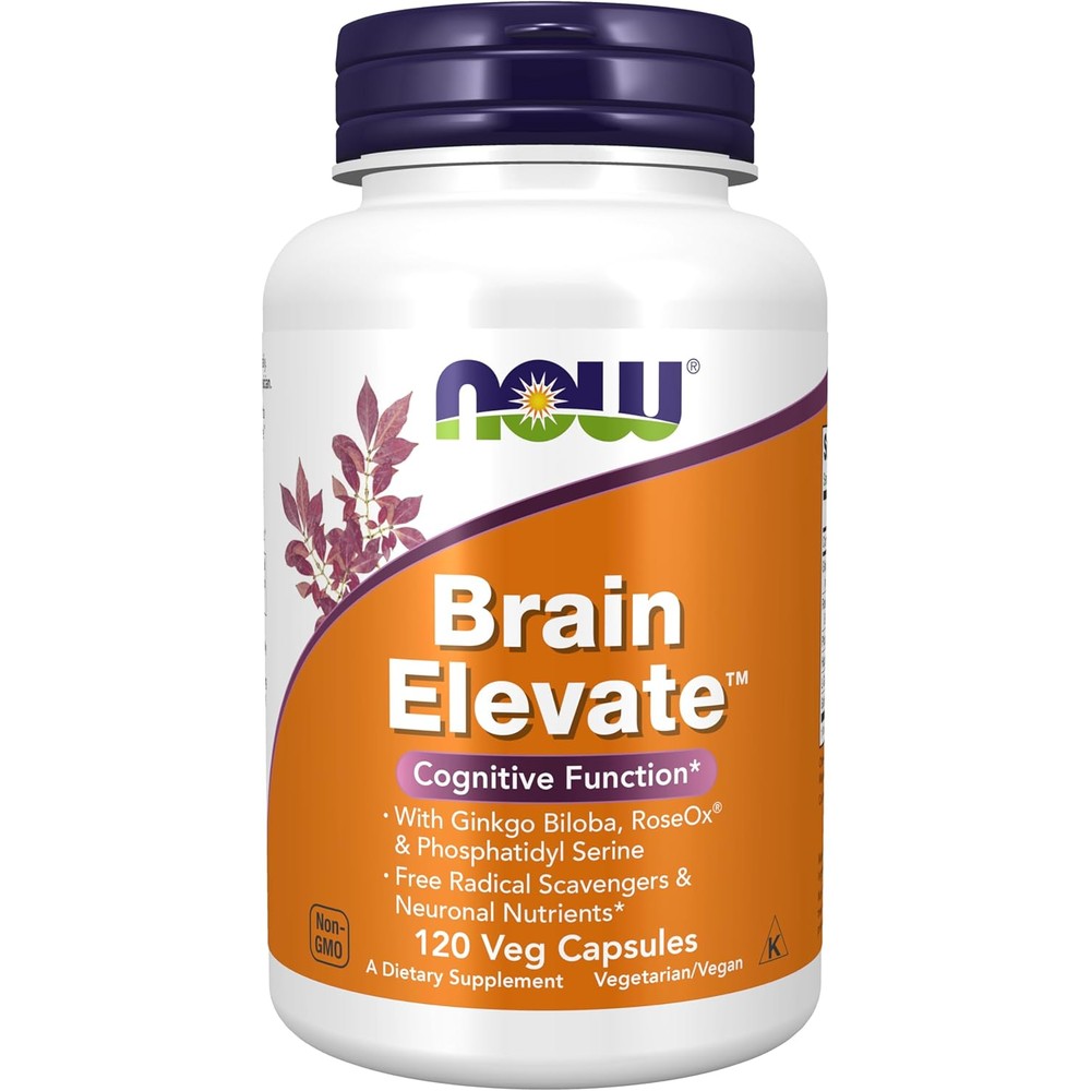 NOW Foods Brain Elevate 120 vegetarian capsules front view for cognitive support.
