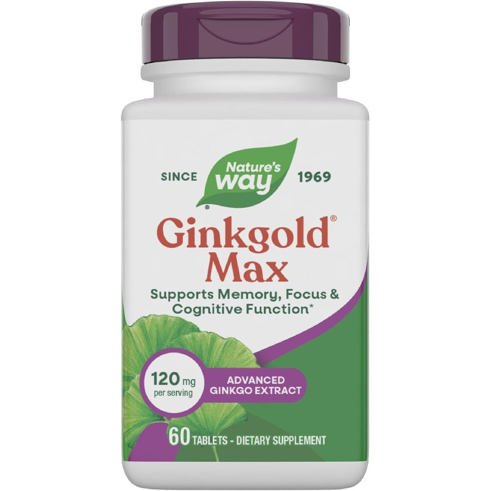 Nature's Way Ginkgold Max 120mg 60 Vegan Tablets front bottle view for memory support