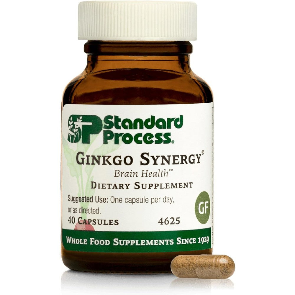 Standard Process Ginkgo Synergy 40 capsules front bottle view for authentic brain health support.