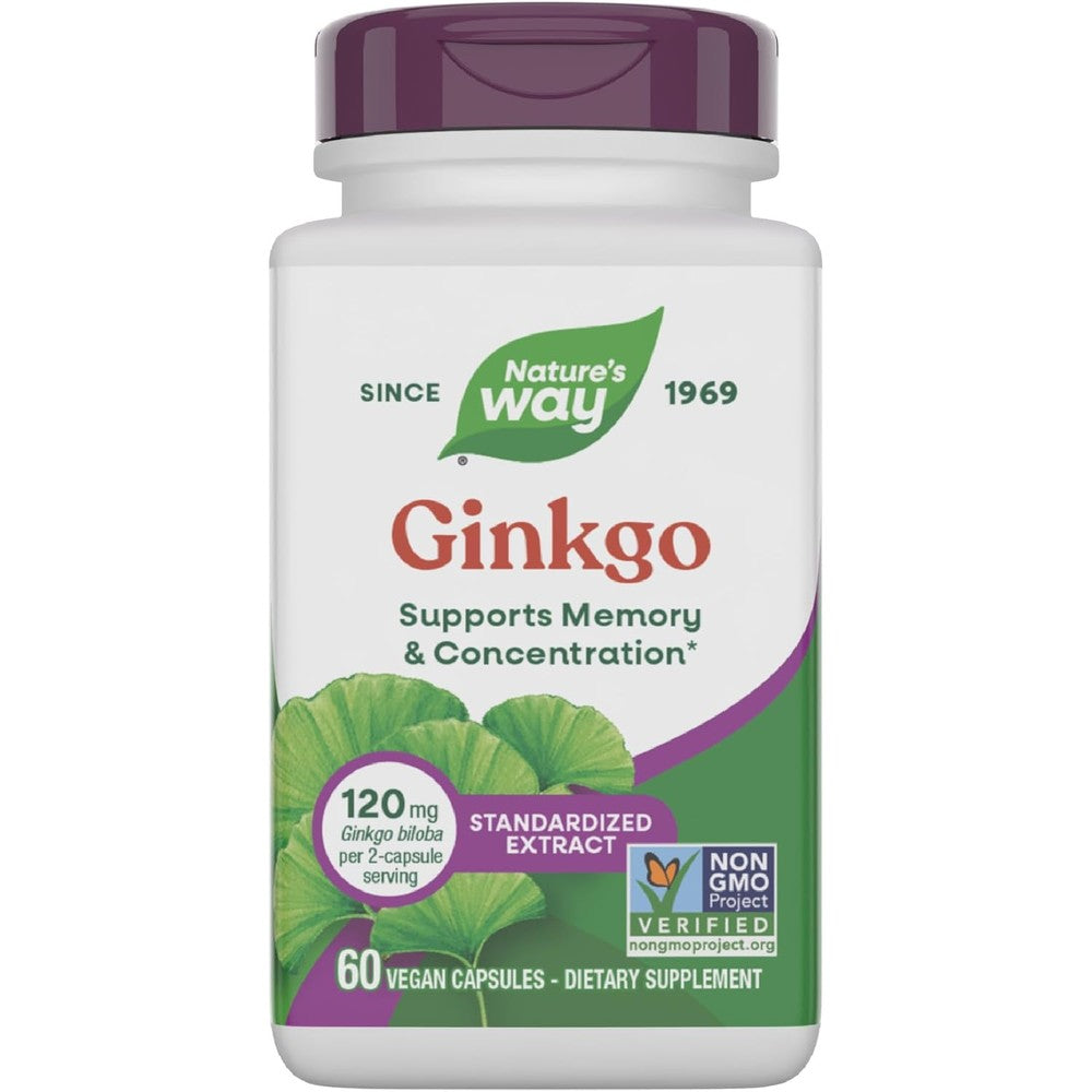 Nature's Way Ginkgo Premium Extract 60 vegan capsules front view for brain health
