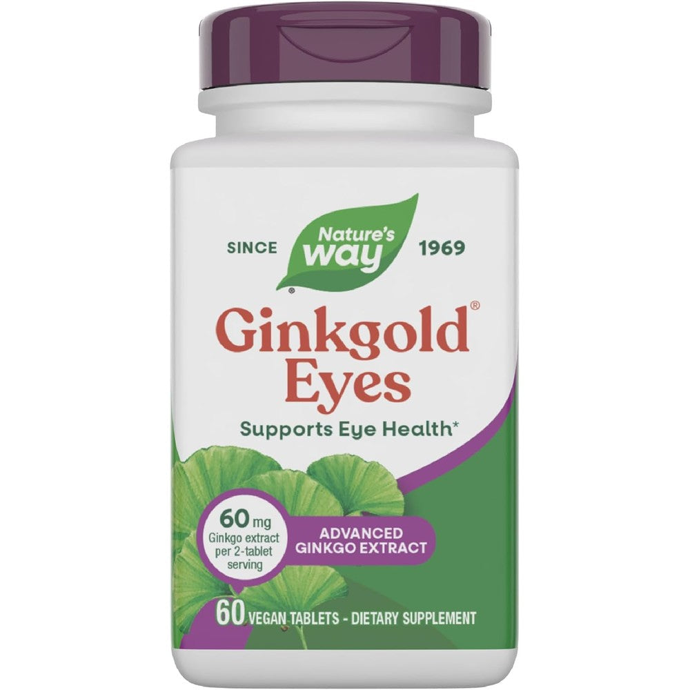 Nature's Way Ginkgold Eyes 60 vegan tablets front view bottle for eye health supplement