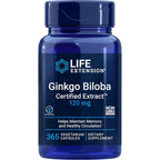 Life Extension Ginkgo Biloba Certified Extract 120 mg front view bottle for memory support