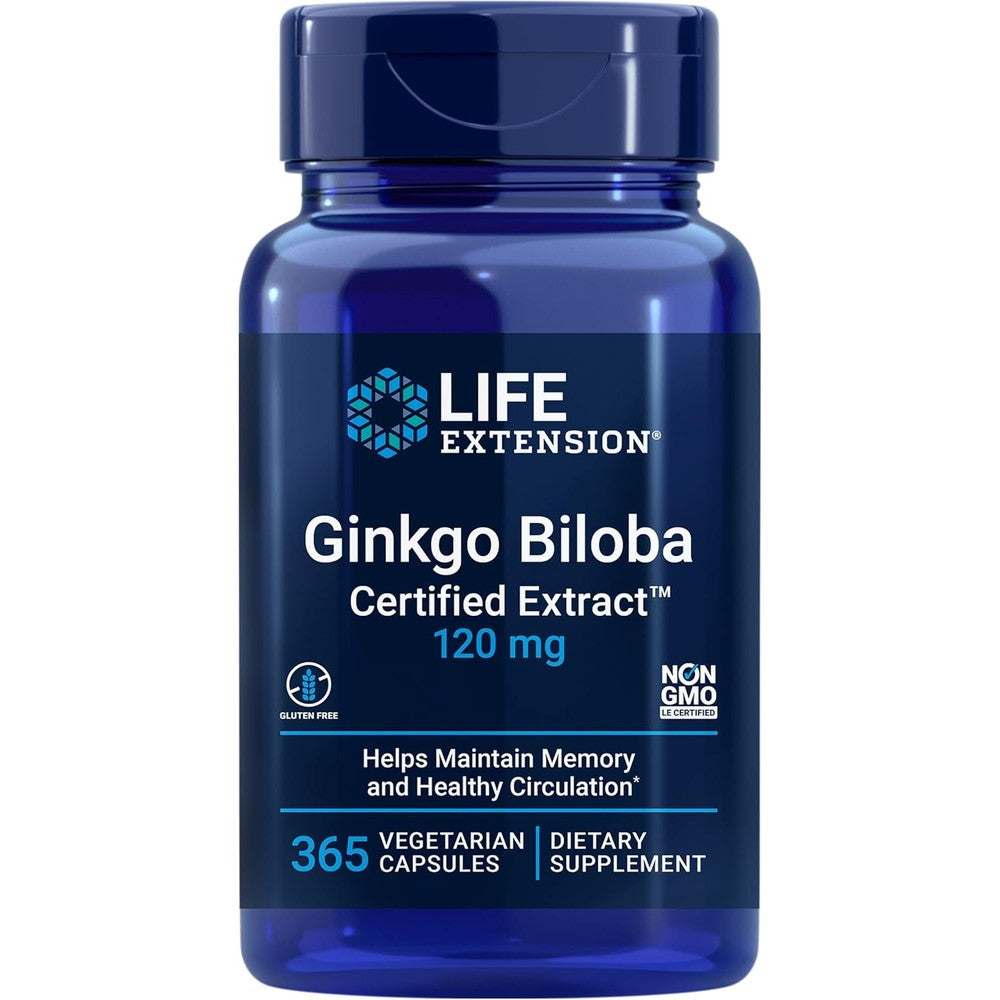 Life Extension Ginkgo Biloba Certified Extract 120 mg front view bottle for memory support