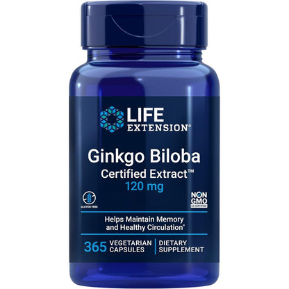 Life Extension Ginkgo Biloba Certified Extract 120 mg front view bottle for memory support
