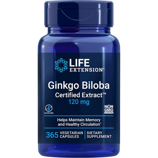 Life Extension Ginkgo Biloba Certified Extract 120 mg front view bottle for memory support