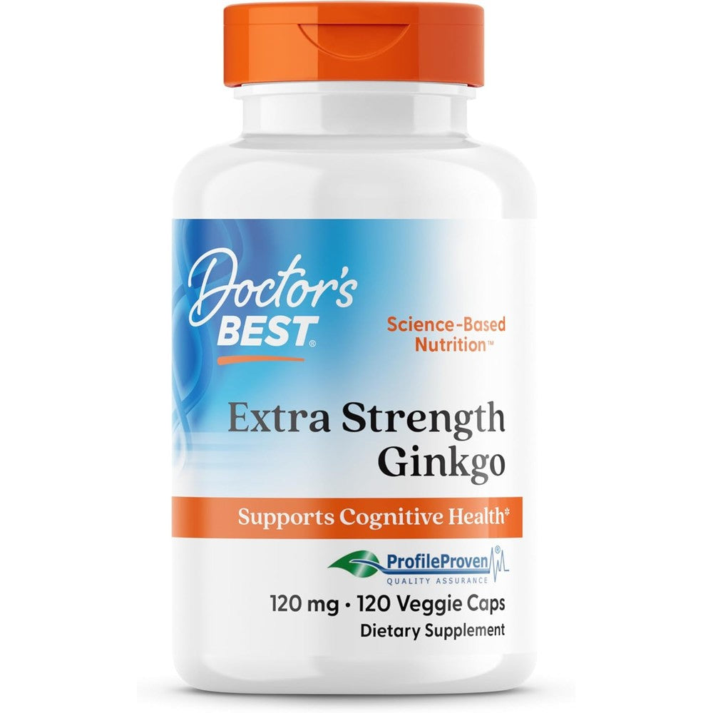 Doctor's Best Extra Strength Ginkgo Biloba 120mg front view showing vegetarian capsules label.