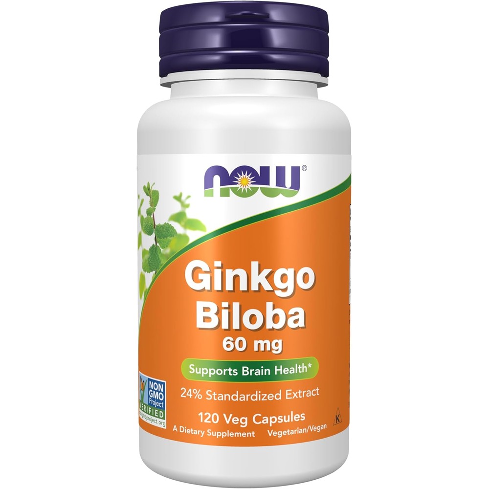 NOW Foods Ginkgo Biloba 60mg front view showing the product label and cognitive support benefits.