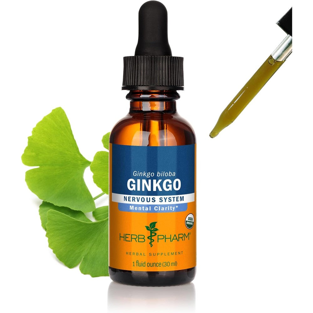 Herb Pharm Certified Organic Ginkgo Biloba Liquid Extract 1 Ounce front bottle view for cognitive support.