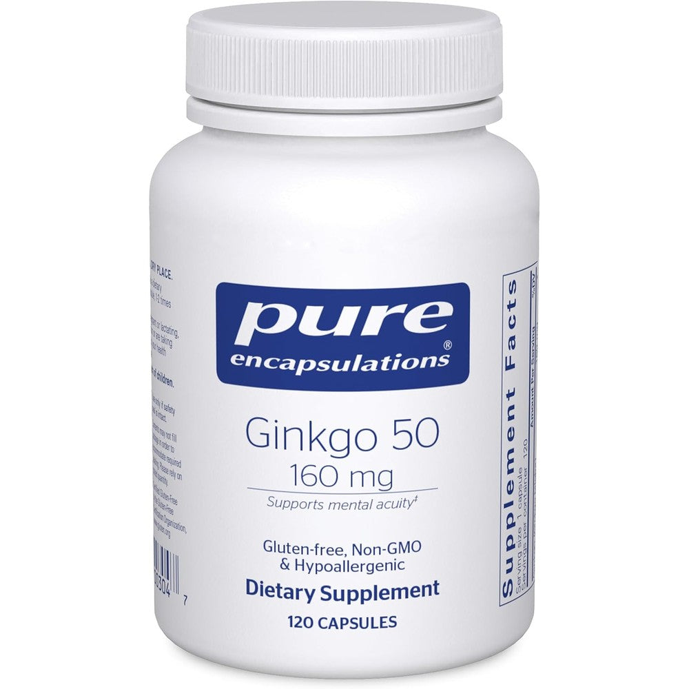 Pure Encapsulations Ginkgo 50 supplement bottle front view for cognitive health.
