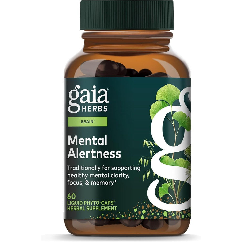 Gaia Herbs Mental Alertness 60 Liquid Phyto Capsules front view bottle for natural focus