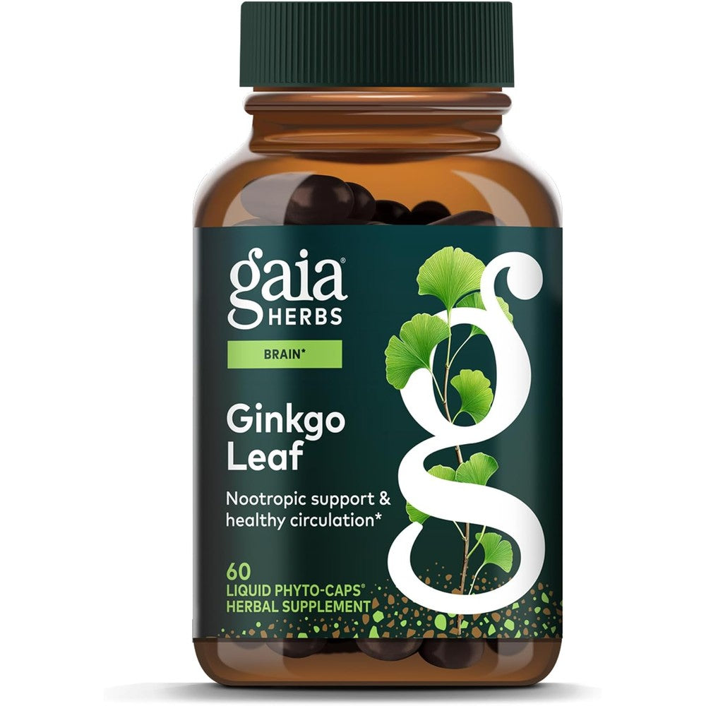 Gaia Herbs Ginkgo Leaf 60 Vegan Liquid Phyto Capsules front view bottle for brain nootropic support.